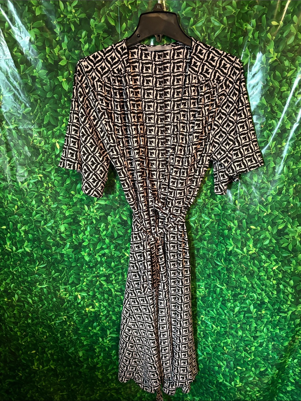 Geometric Black & White Midi Dress with Waist Tie